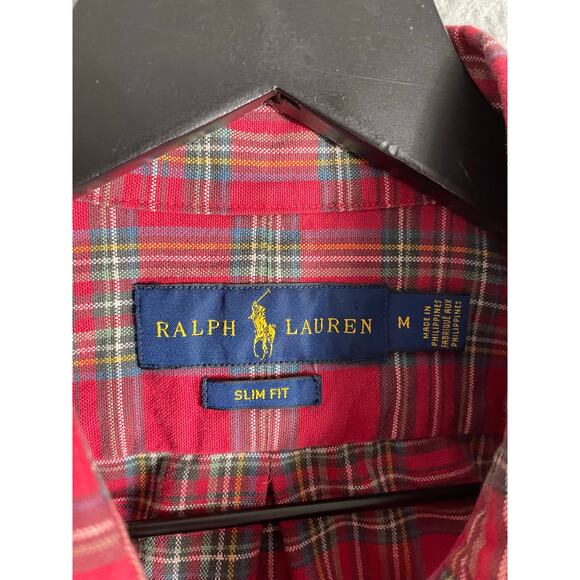 Ralph Lauren Slim Fit Men’s Medium Red Green Plaid Button Down Shirt Long Sleeve - Picture 6 of 9
